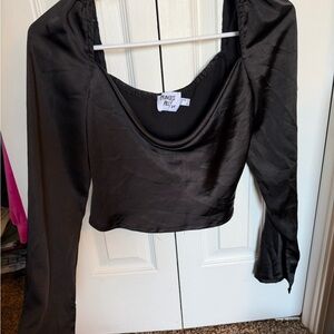 Princess Polly Black Satin Long Sleeve Scoop Crop Top
